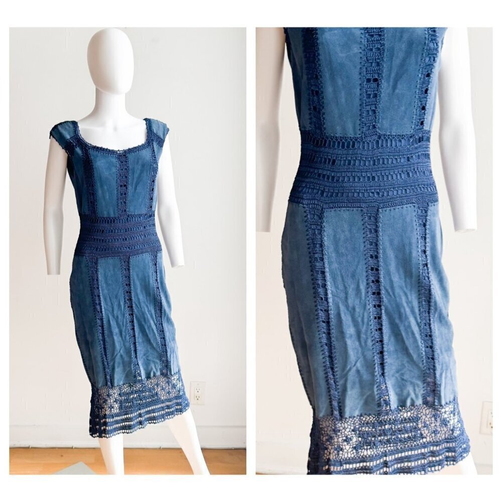 Danier Leather Blue Suede Crochet Bodycon Midi Dress 8